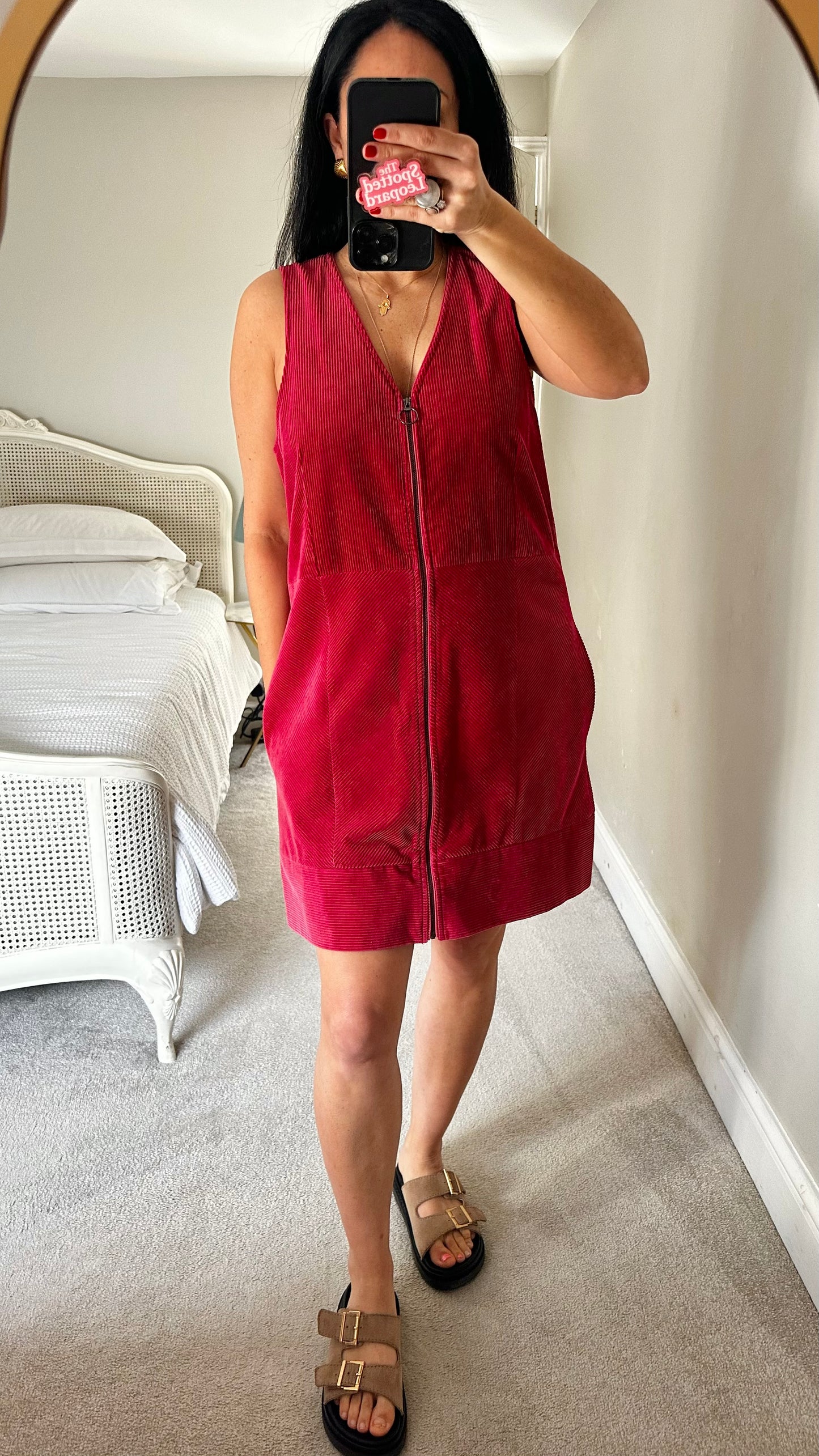 Oliver Bonas pink berry corduroy zip front mid length dress medium UK 14 new bnwot