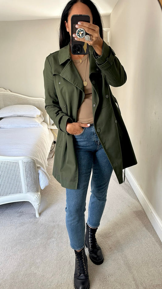 Warehouse khaki olive green tie front trench coat mac jacket large UK 12 vgc w25