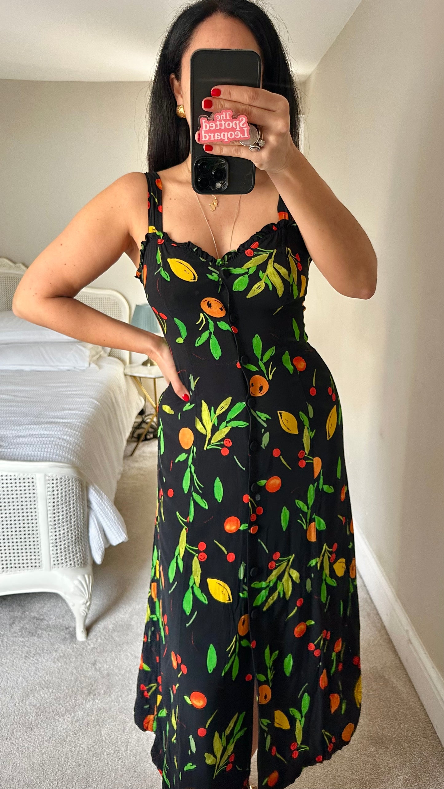 Whistles black orange 🍊 fruit print midi button up casual dress small UK 10 holiday