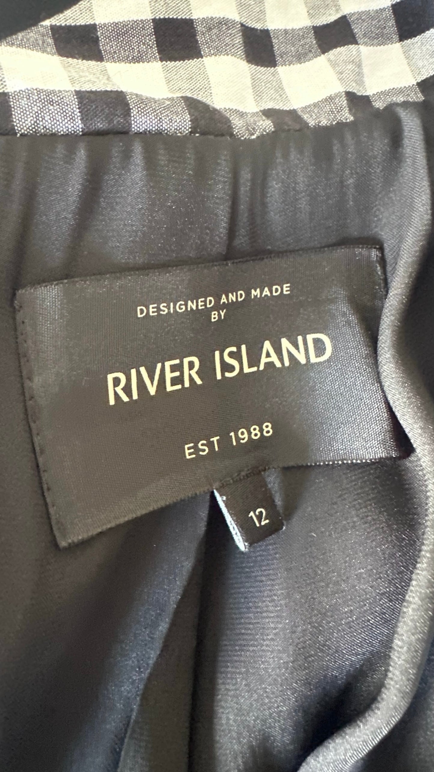 River island black white gingham check long trench coat large L UK 12 excellent used condition