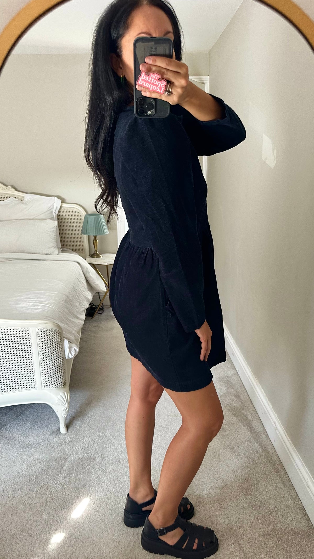Oliver Bonas black navy blue corduroy zip up dress medium UK 12 pockets vgc