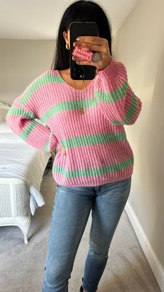 HUSH pink green stripe alpaca blend knitted jumper small UK 8 10 vgc