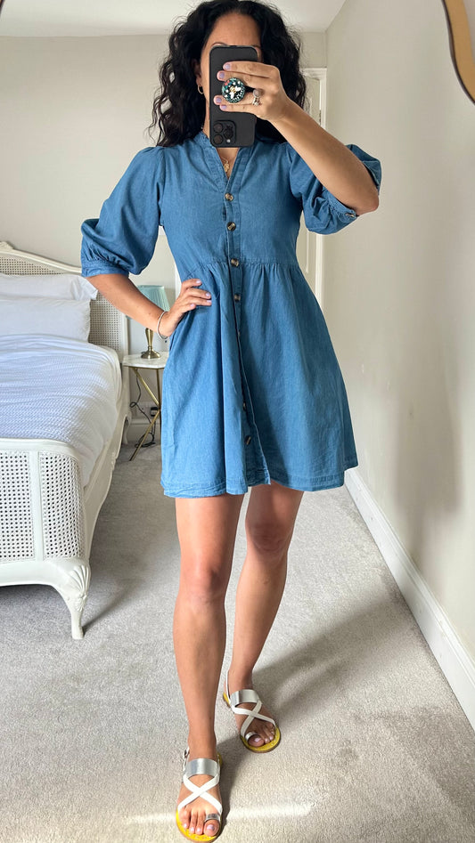 Warehouse denim jeans blue button up mini dress extra small UK 6 vgc