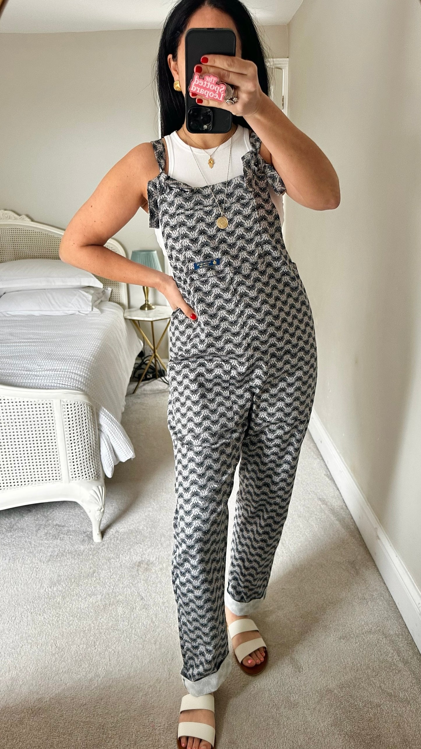 Handmade @ Cotton imp cream black moth butterfly print dungarees UK 12-14 vgc