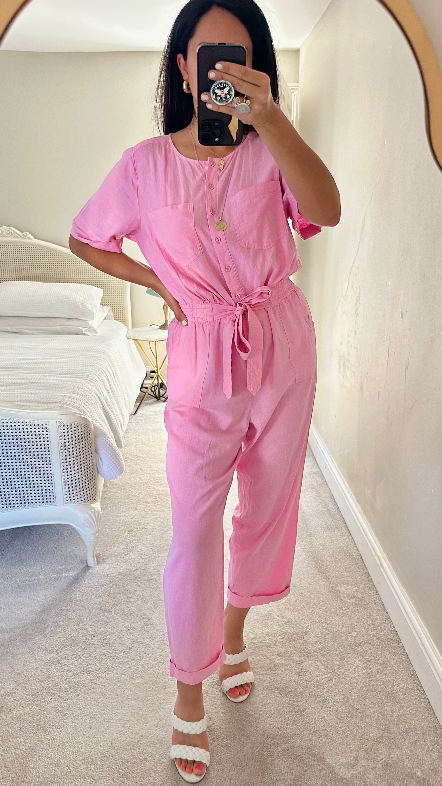 Oliver bonas rose pink linen blend boiler suit jumpsuit small large UK 8 12 vgc