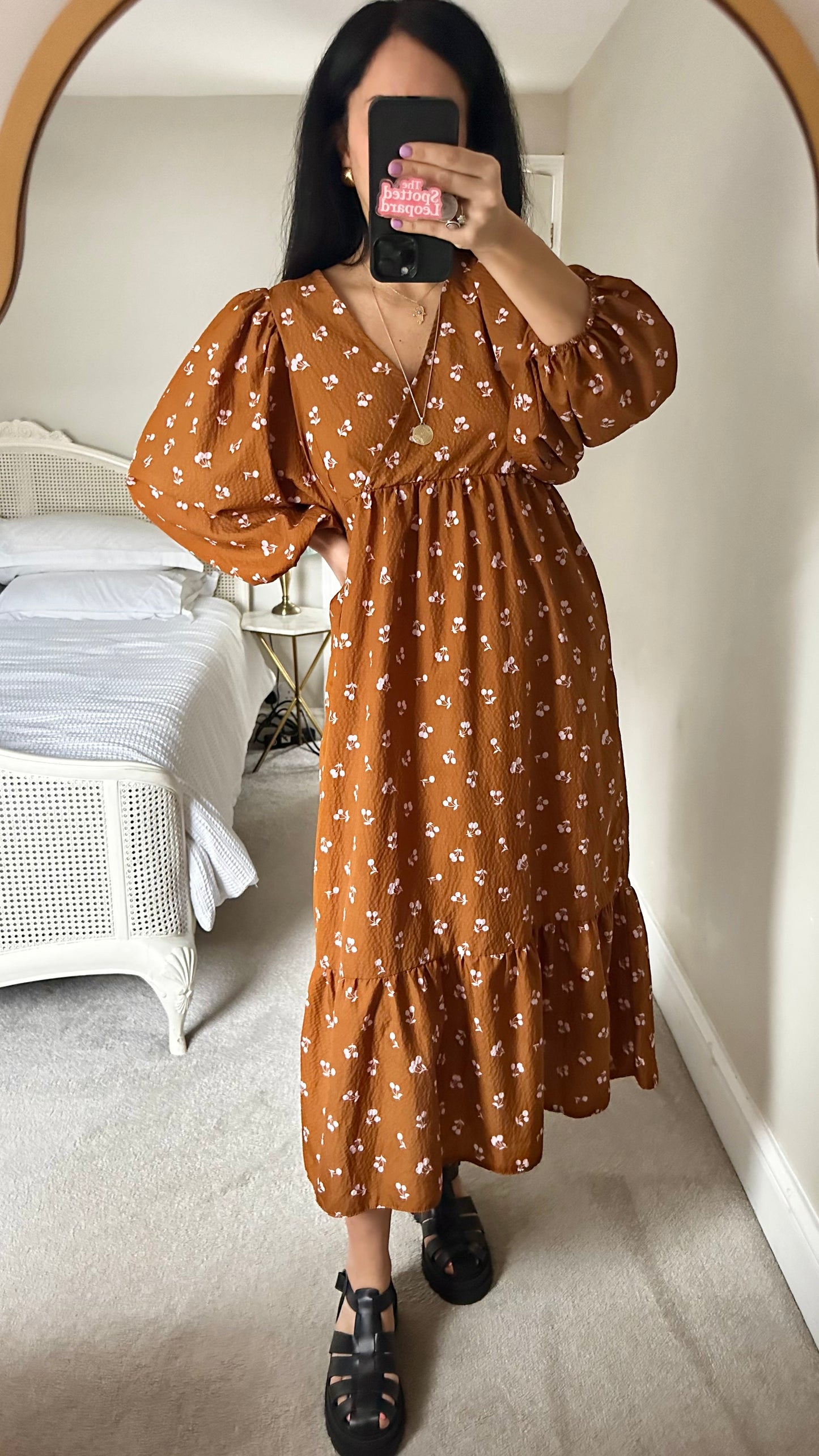 Nobody’s Child brown tan pink cherry print midi long dress medium UK 12 vgc