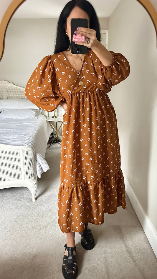 Nobody’s Child brown tan pink cherry print midi long dress medium UK 12 vgc