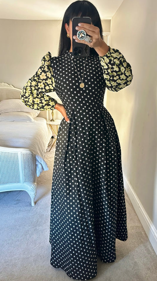 Sister Jane black dream range white yellow star floral print maxi dress small S UK 8 as new condition