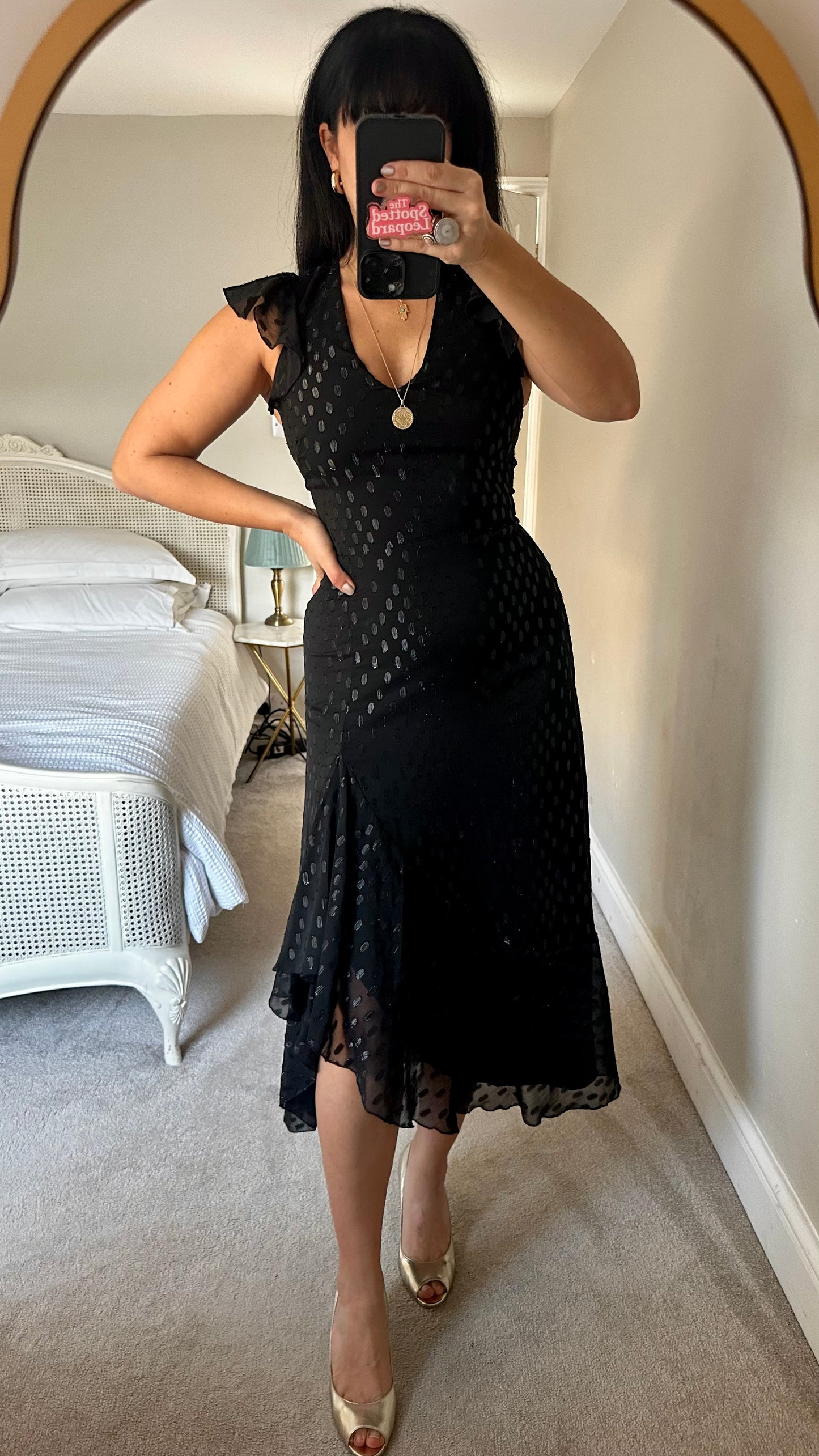 Warehouse black polka dot midi event party dress small UK 8 vgc