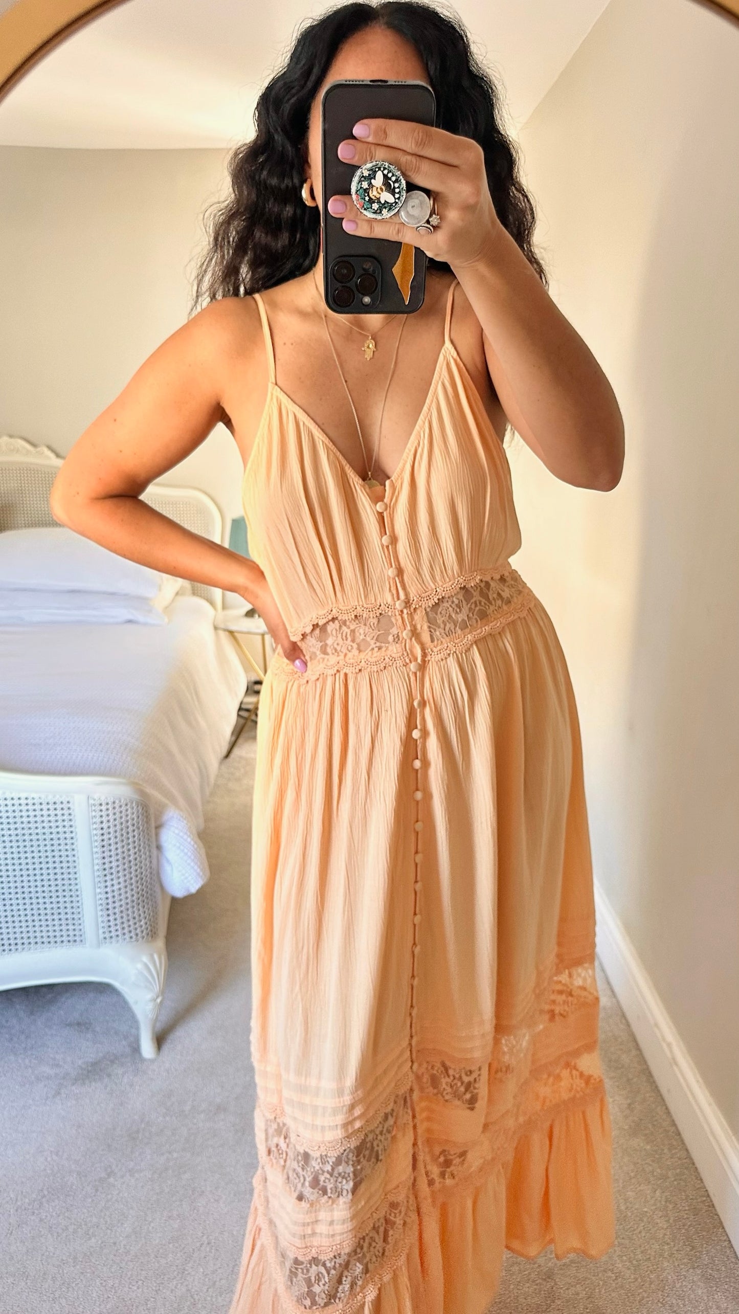 Y.A.S peach button up lace maxi dress holiday extra large XL UK 14 vgc