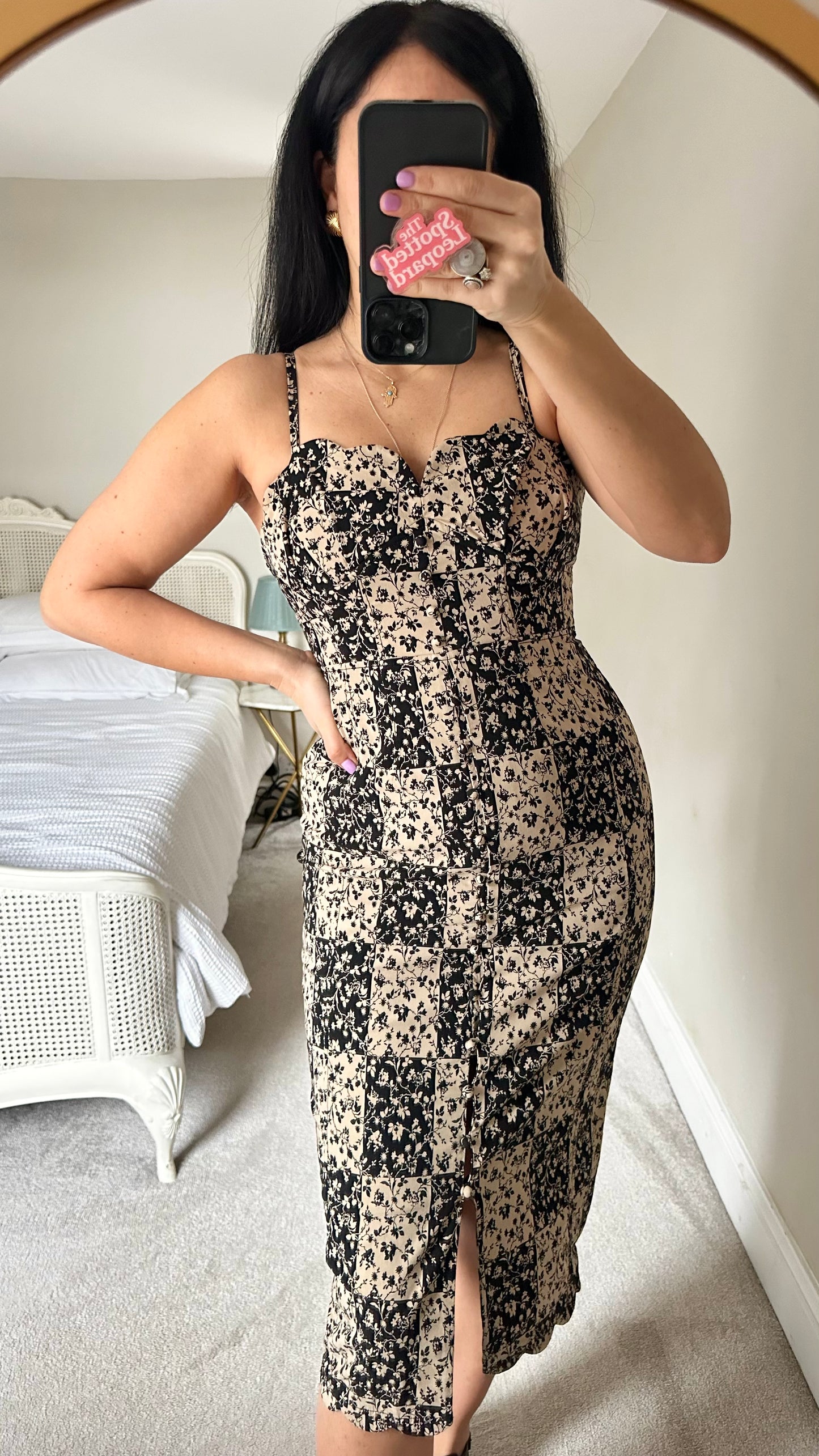 Anthropologie black beige floral chequered midi small UK 10 vgc holiday