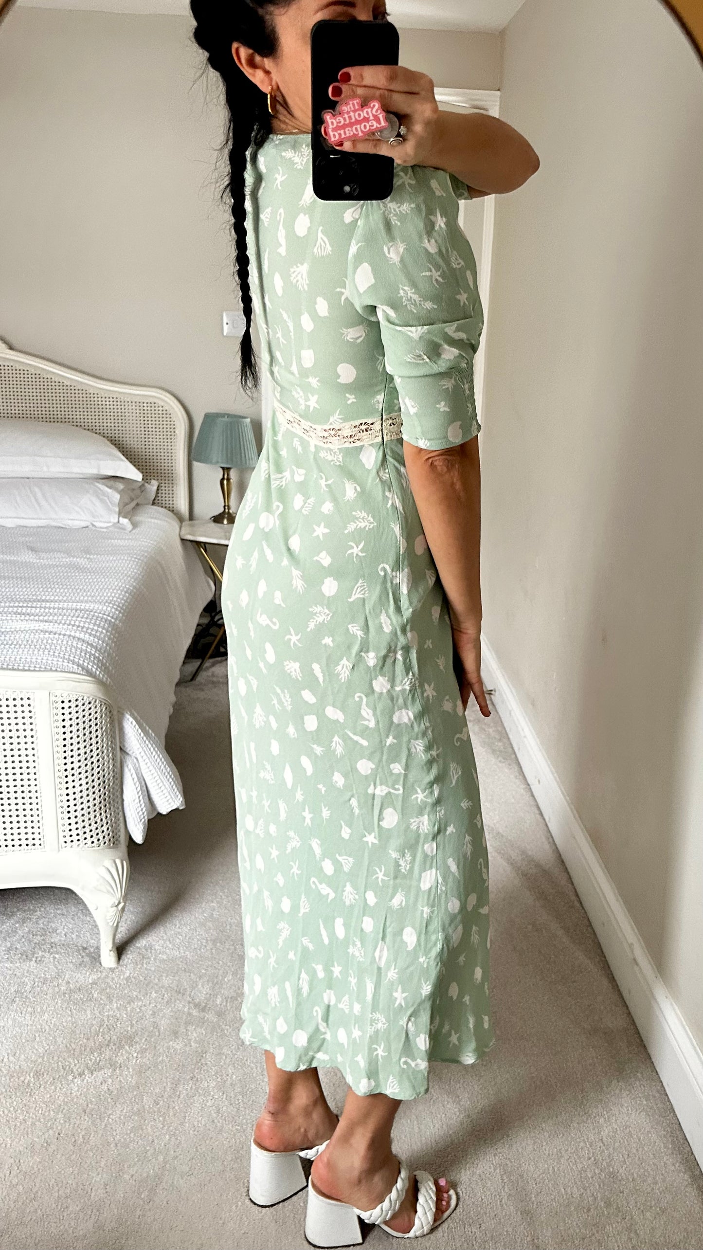 RIXO light mint green beach scene crabs seaside dress midi long UK 10 vgc event wedding guest