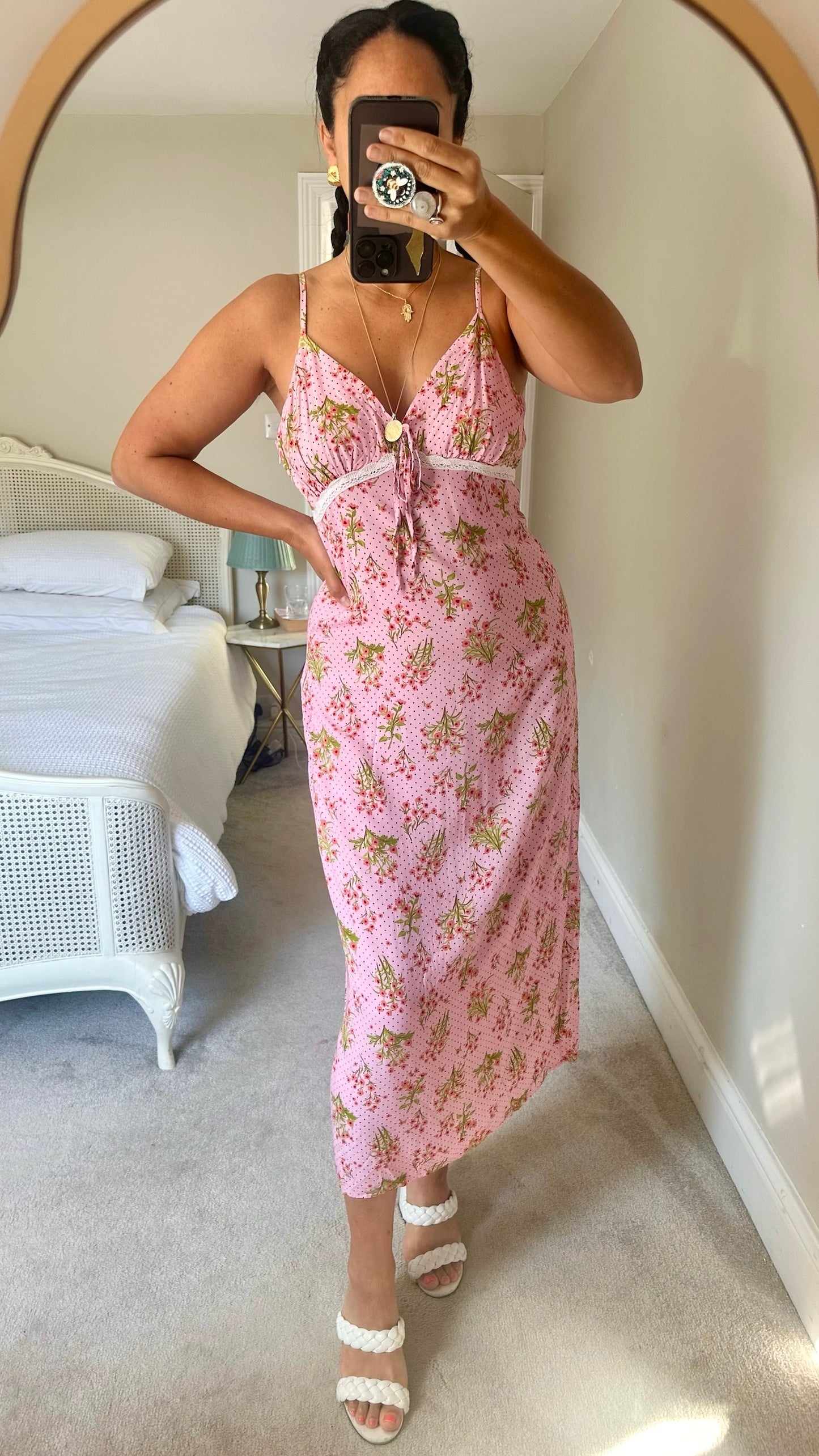 Y.A.S light pink polka dot floral print midaxi slip dress holiday large L UK 12 vgc