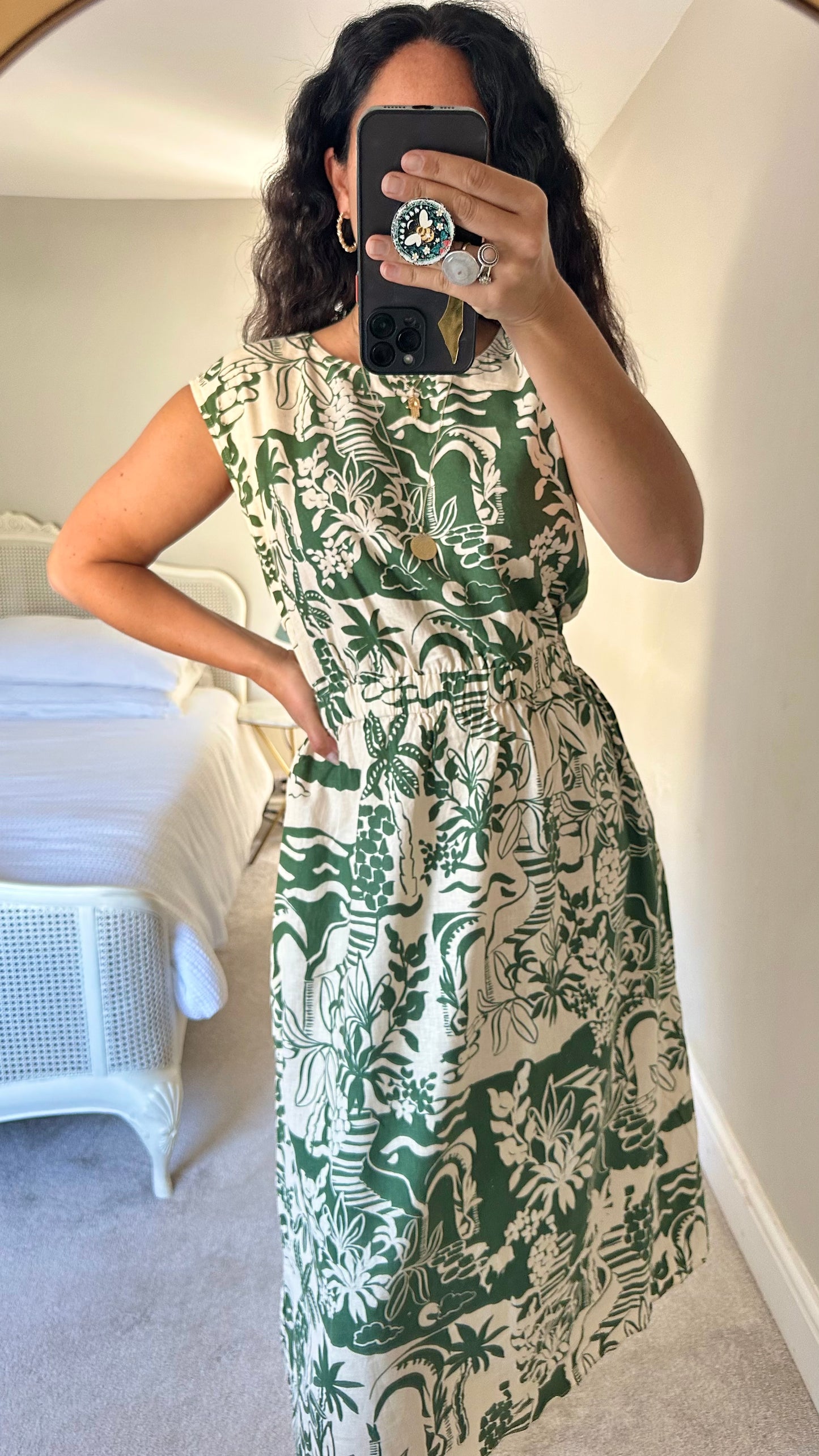 Feather & Bone @ Anthropologie Green cream holiday palm print linen blend dress UK 10-12