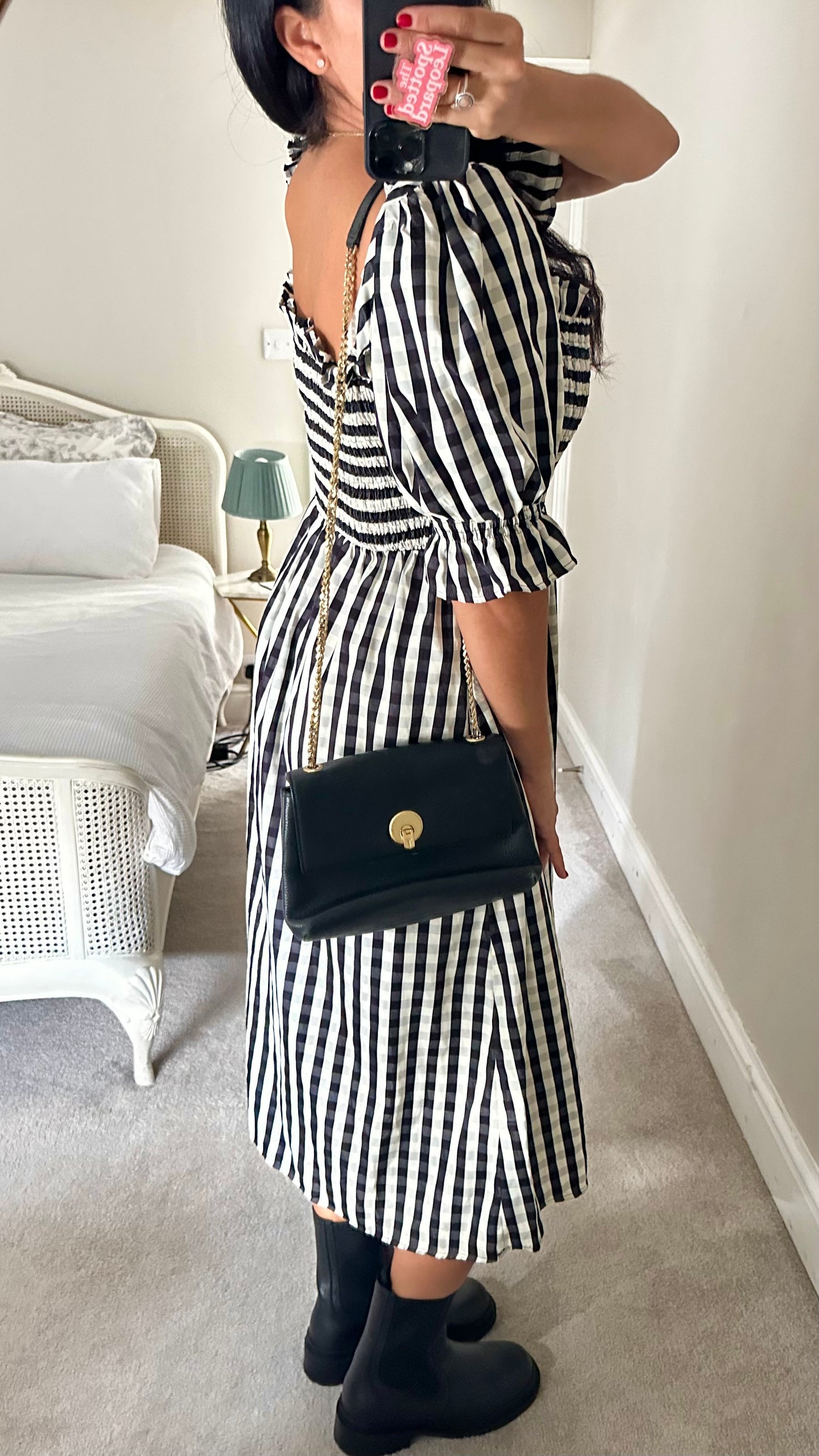 Warehouse black white gingham check midi shirred long dress medium UK 14 vgc