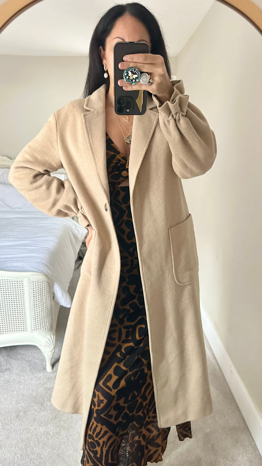 Anthropologie cream beige long formal wool blend coat small UK 8-10 vgc