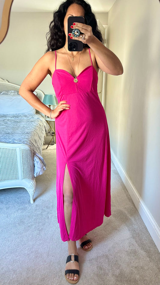 Mango fuschia pink backless side split midi maxi dress large UK 12 vgc