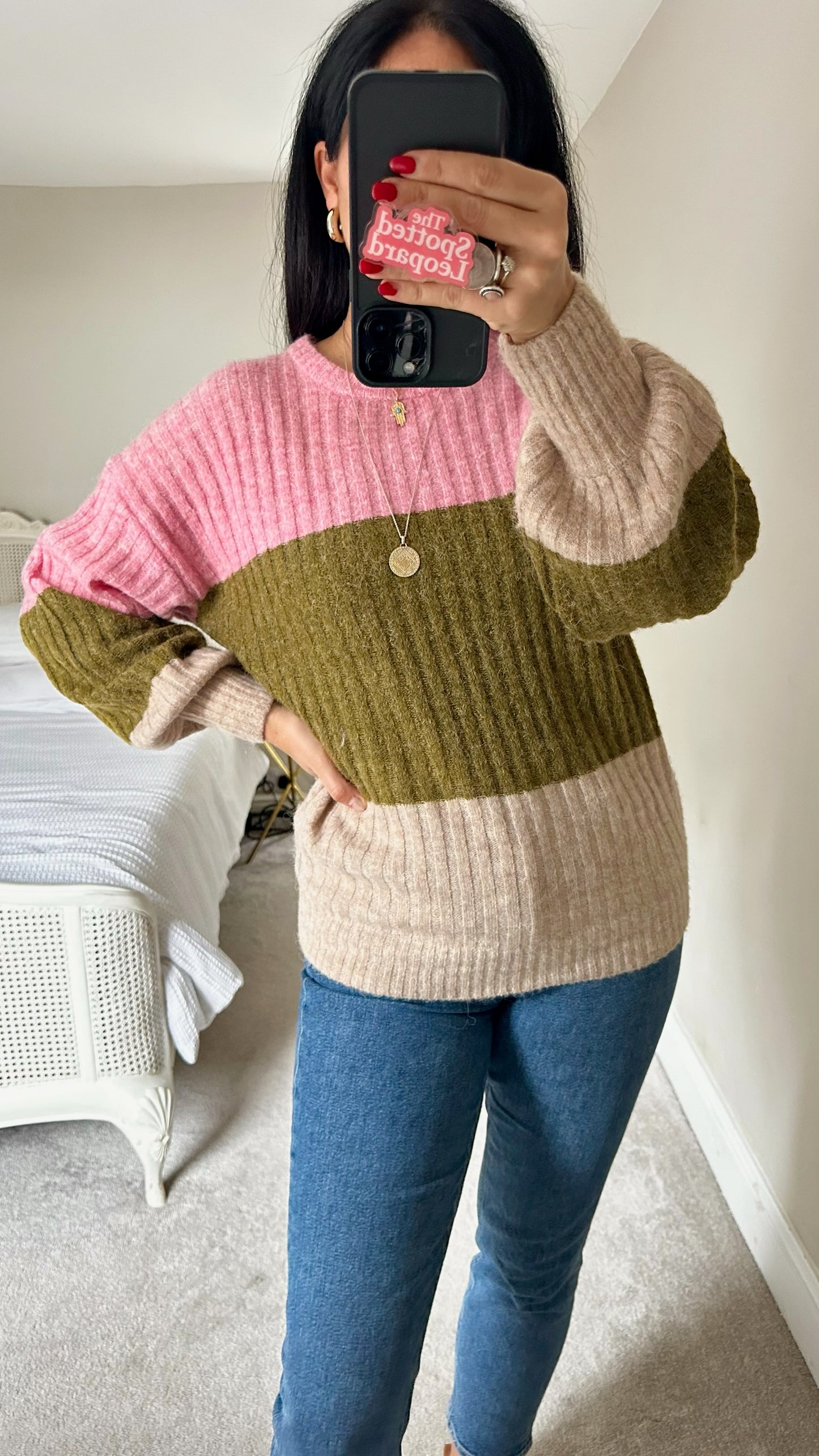 Ichi pink green cream colour block alpaca blend knitted jumper UK 10 vgc XMS25