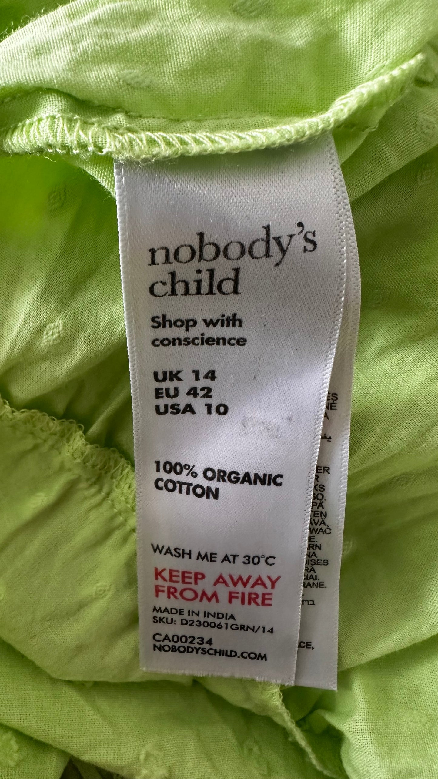 Nobody’s Child light lime green maxi long dress medium UK 14 shirred