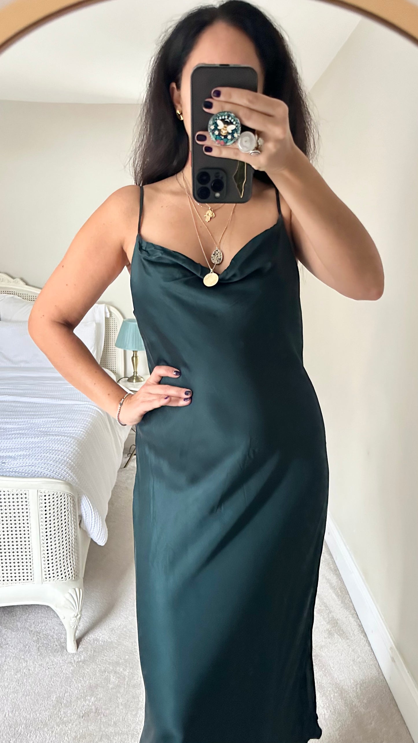 Zara deep green satin slip dress medium large UK 10 12 vgc party event