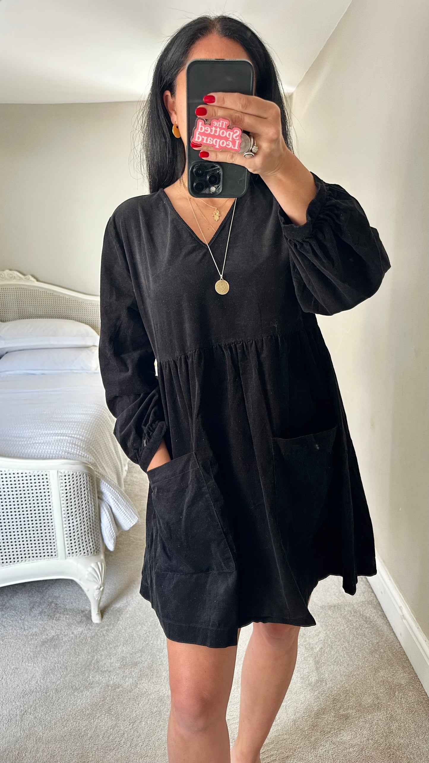 Albaray black corduroy mini dress medium UK 14 vgc casual