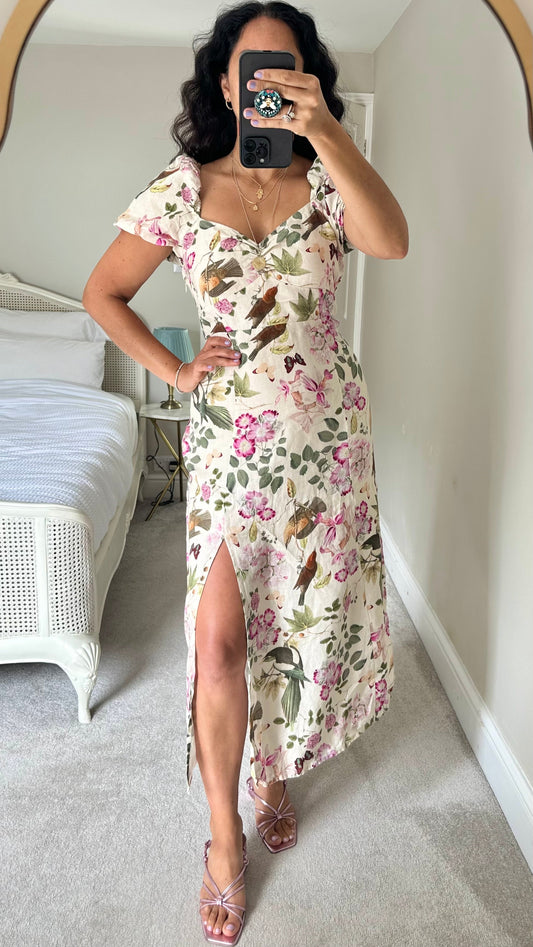 & other stories cream pink magpie linen side split wedding guest dress small UK 8 vgc