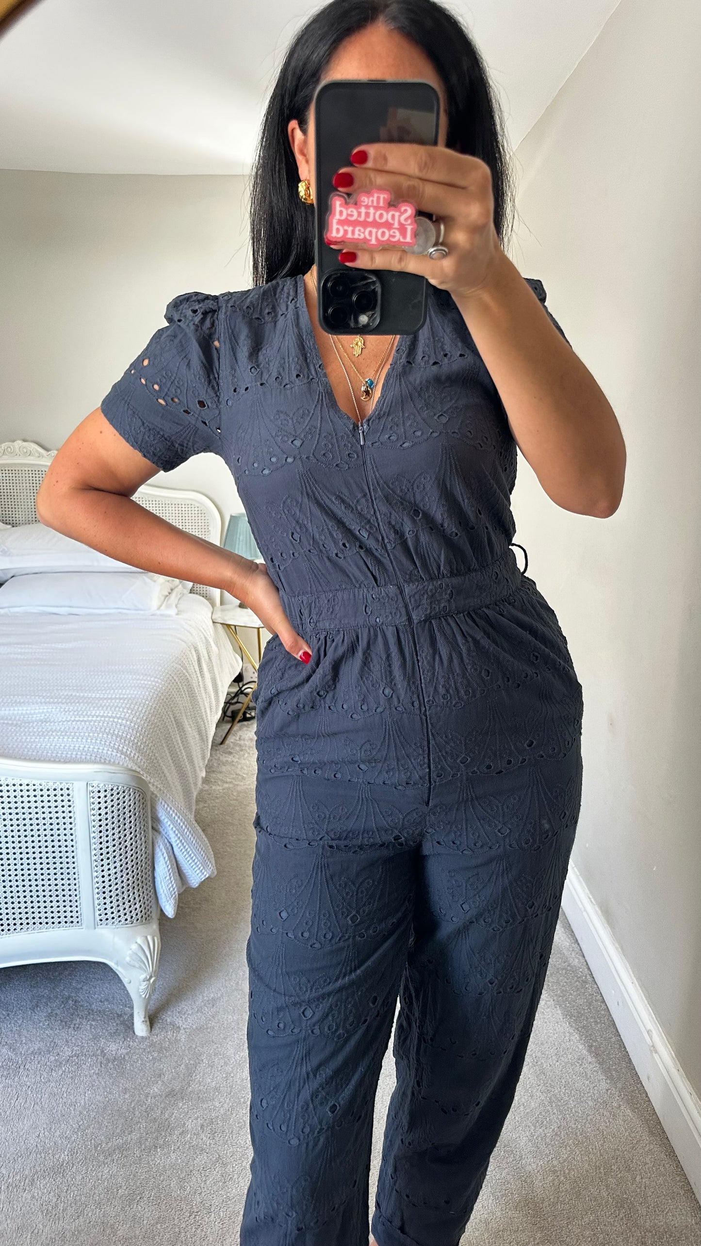 Whistles navy blue broderie anglaise cotton jumpsuit playsuit small UK 10 vgc
