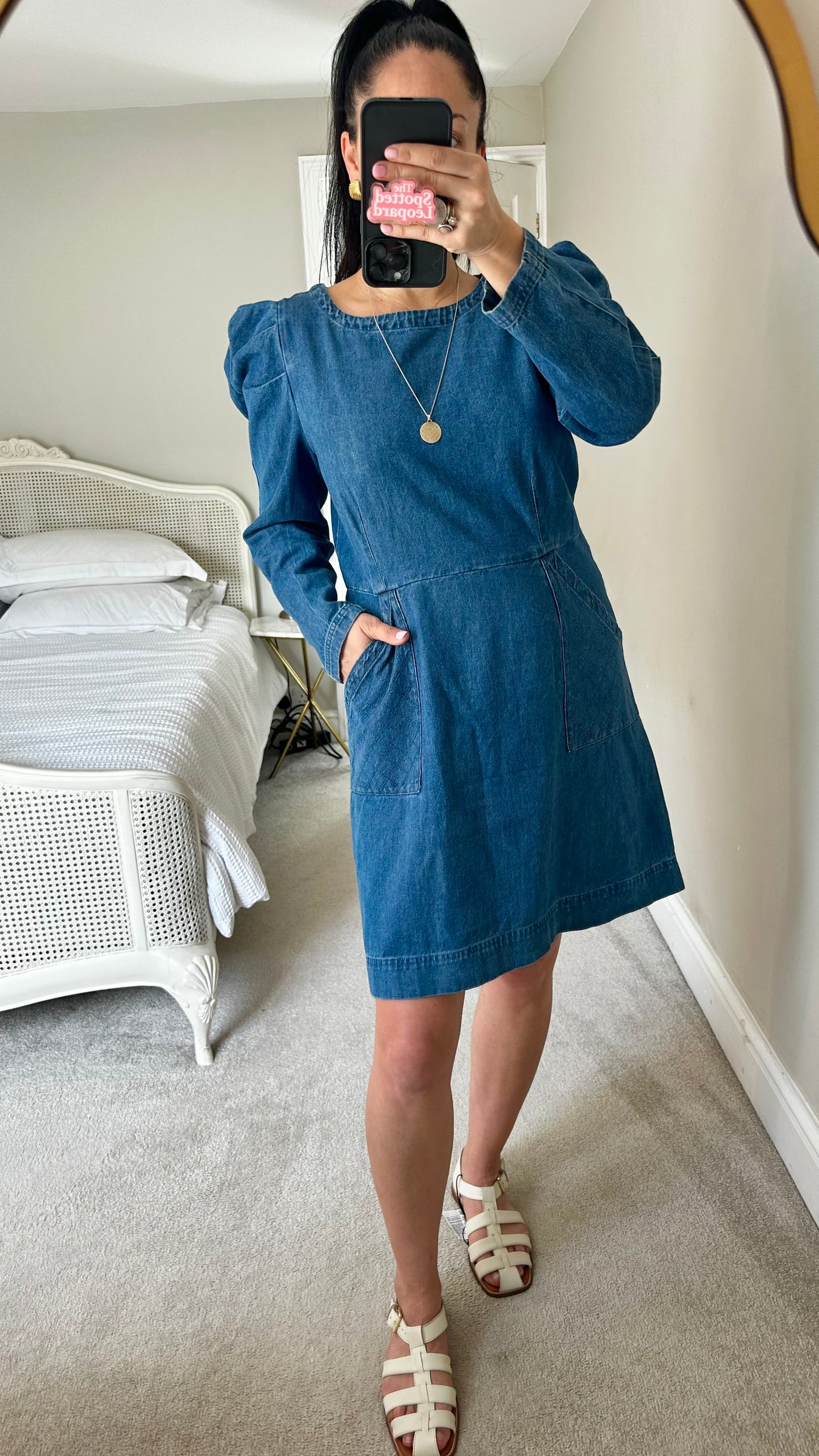 Oliver Bonas blue navy denim jeans medium casual dress mid length UK 14 vgc