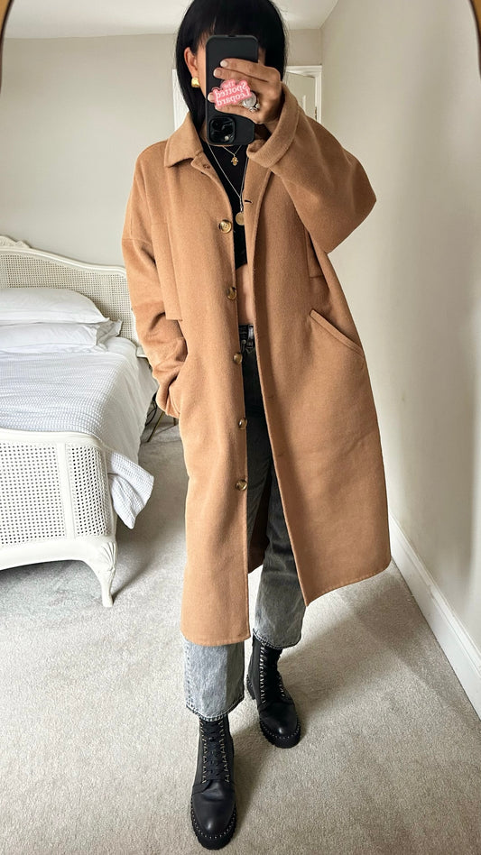 Second female Copenhagen camel wool blend coat large UK 12 vgc