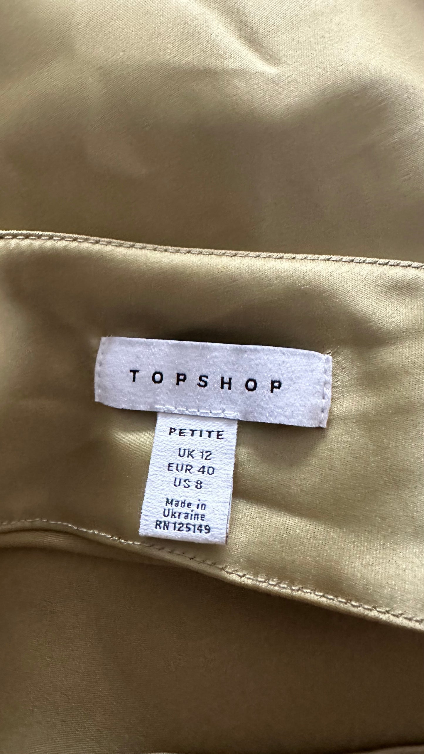 Topshop khaki gold slip dress event eveningwear party UK 12 petite vgc