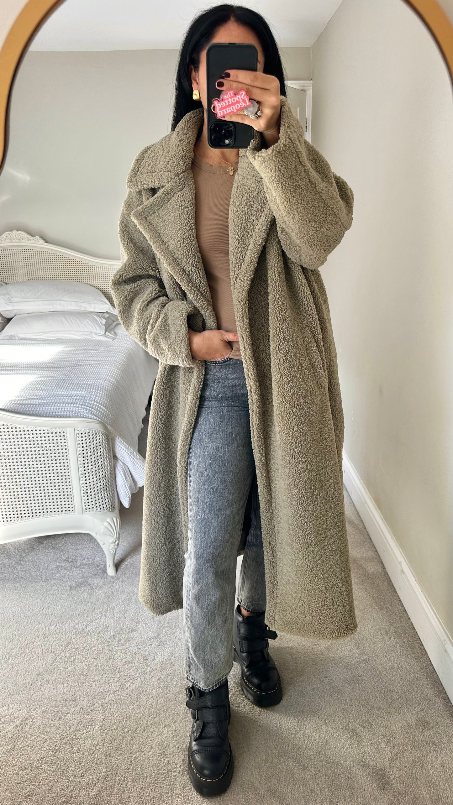 Pretty Lavish khaki beige stone teddy long maxi coat large UK 12 14 16 vgc