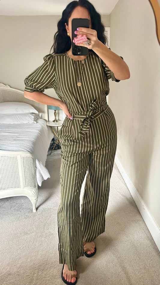 Oliver Bonas khaki olive green cream stripe jumpsuit trousersuit small UK 10 new bnwt