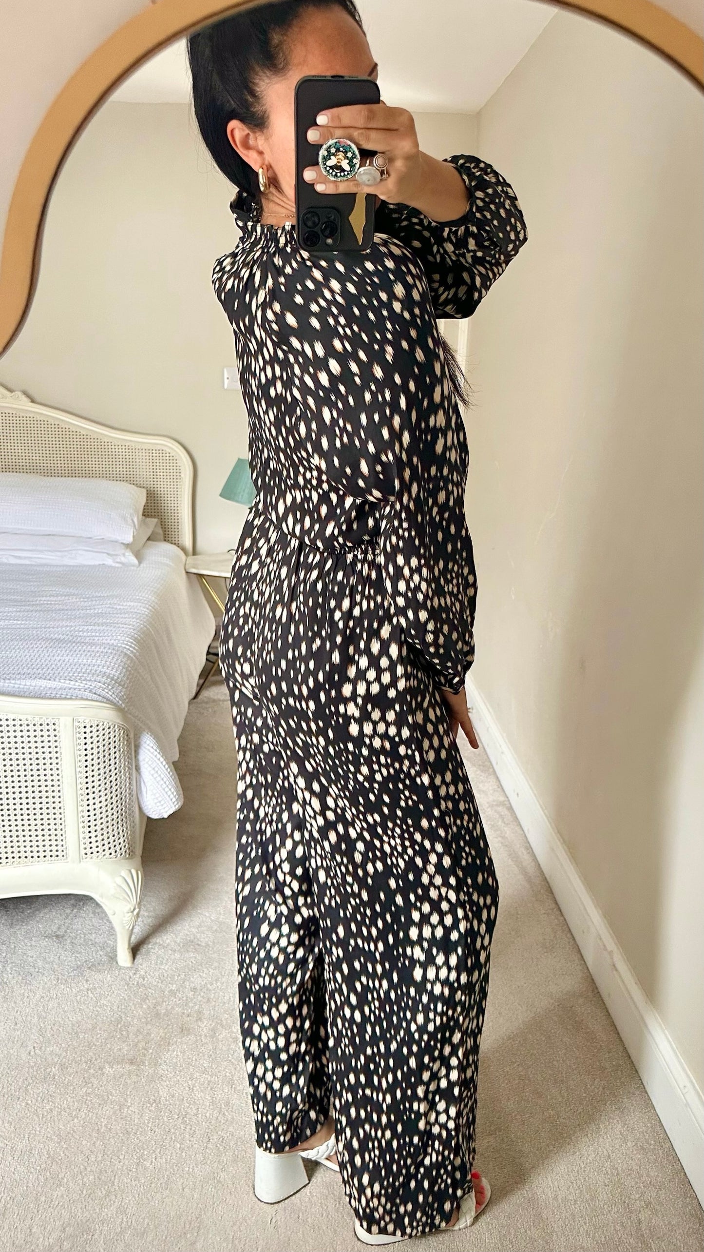HUSH black cream animal print stretch waist event jumpsuit UK 10 vgc