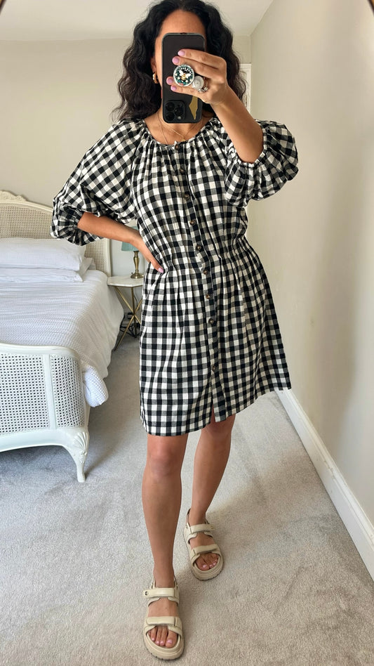 Warehouse black white gingham check mini dress large L UK 12 vgc