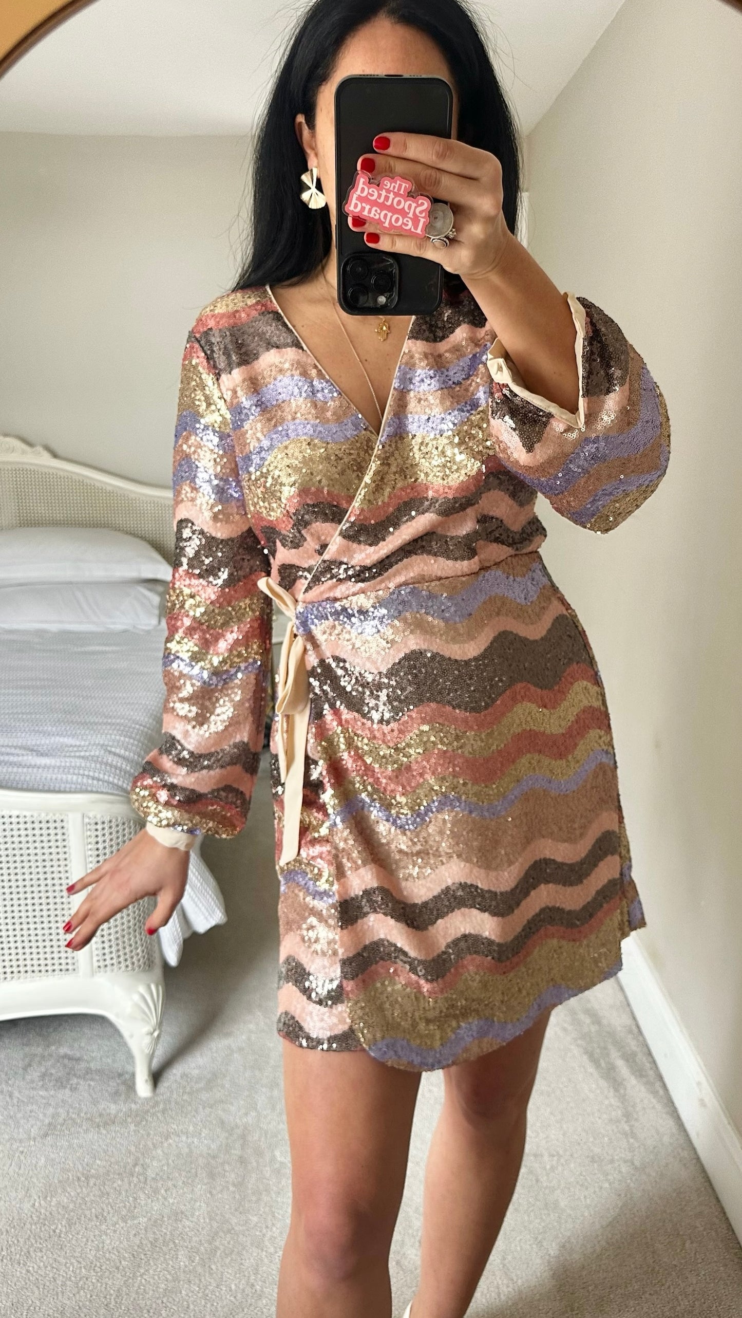 Oliver bonas cream gold blue sequin squiggle stripe mini event dress small UK 8 vgc