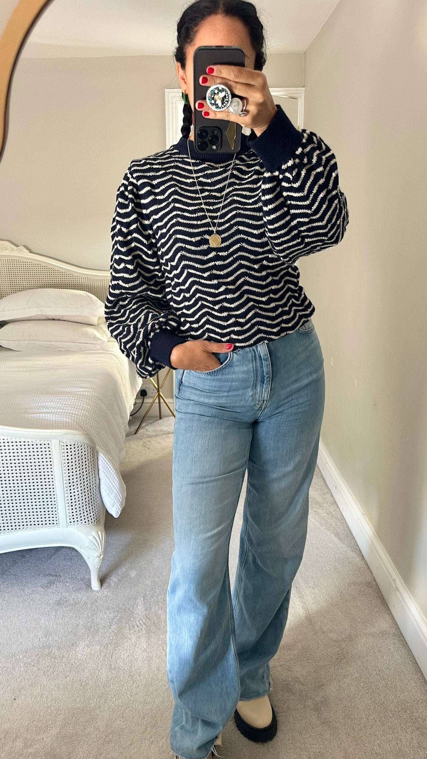 Second female navy blue white wave print stripe knitted jumper pure wool large UK 12 vgc w25
