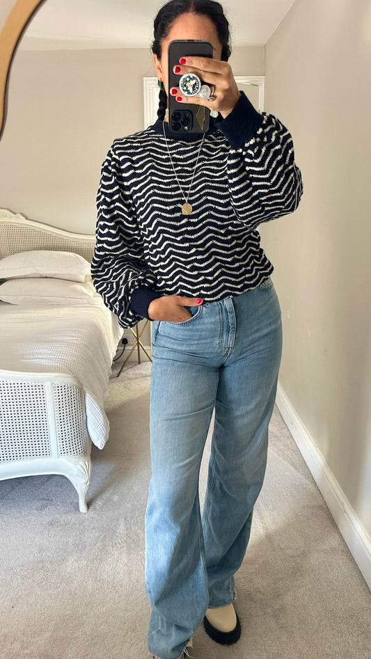 Second female navy blue white wave print stripe knitted jumper pure wool large UK 12 vgc w25