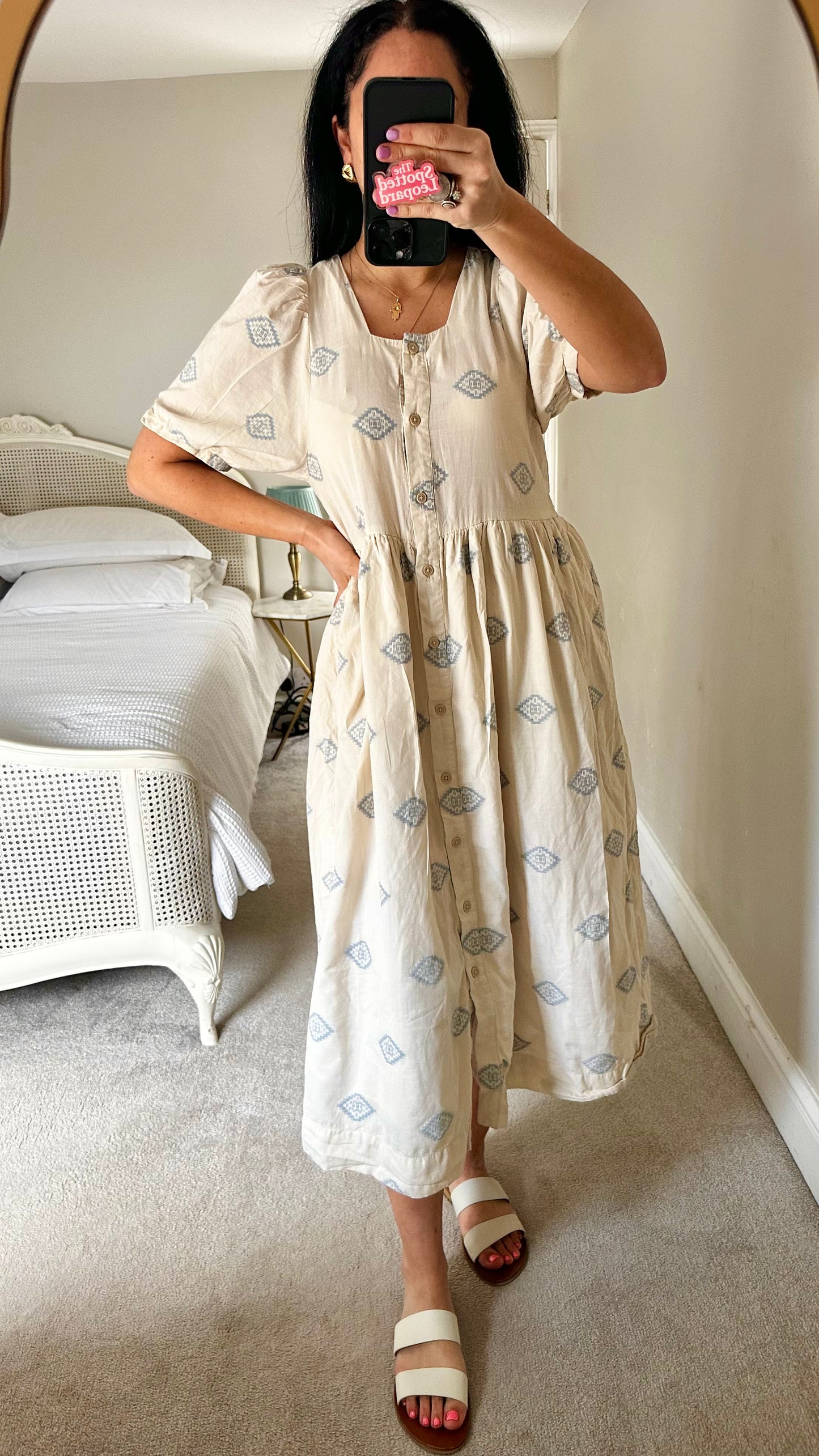 FOLK cream blue Aztec print midi button up dress long UK 12 vgc