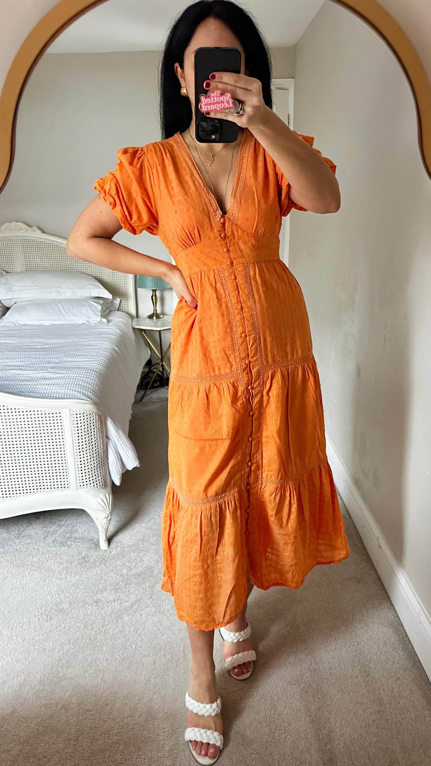 Nobody’s Child bright orange button up midi long dress holiday medium UK 14 vgc organic cotton