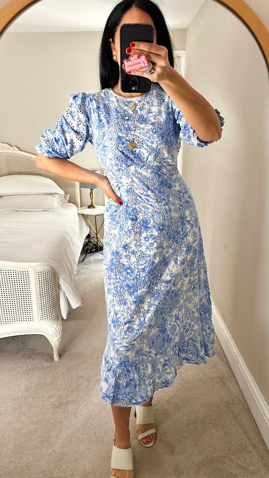 Nobodys child light blue white broderie anglaise midi dress small UK 10 vgc