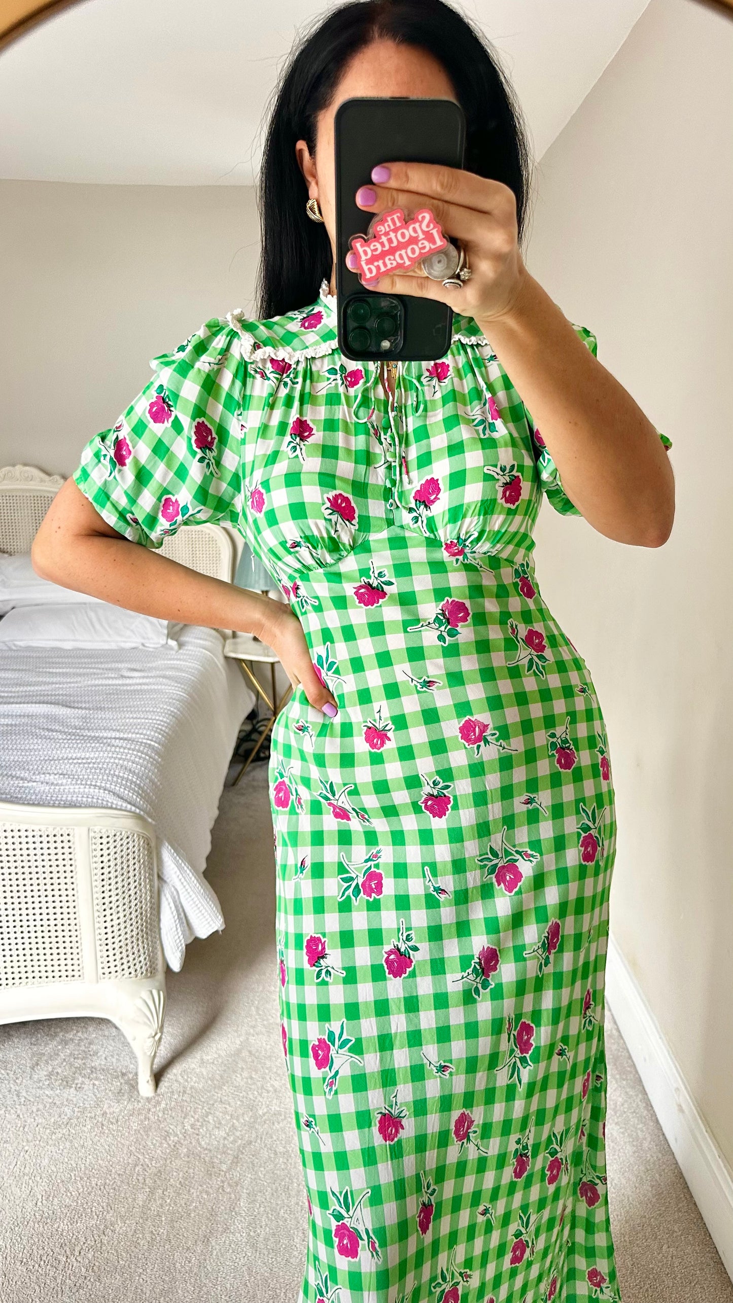 RIXO green white pink gingham check long event dress midi long small UK 8 vgc