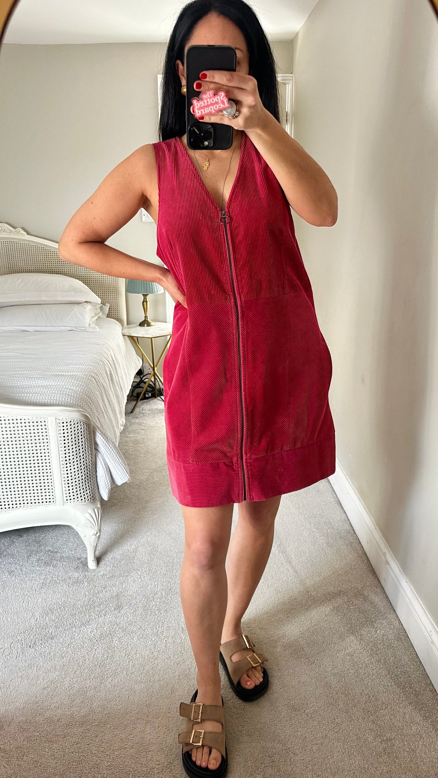 Oliver Bonas pink berry corduroy zip front mid length dress medium UK 14 new bnwot