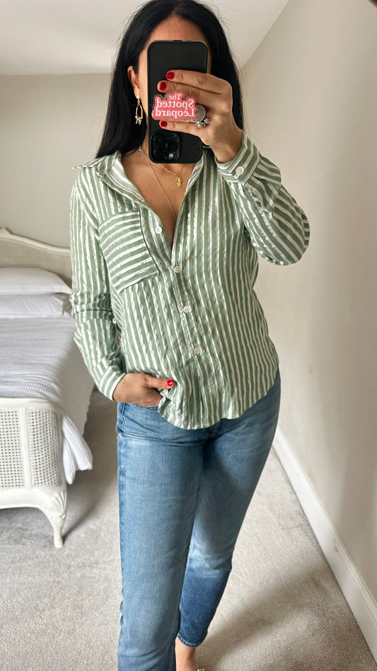 FRNCH Green white silver stripe shirt top small medium UK 10-12