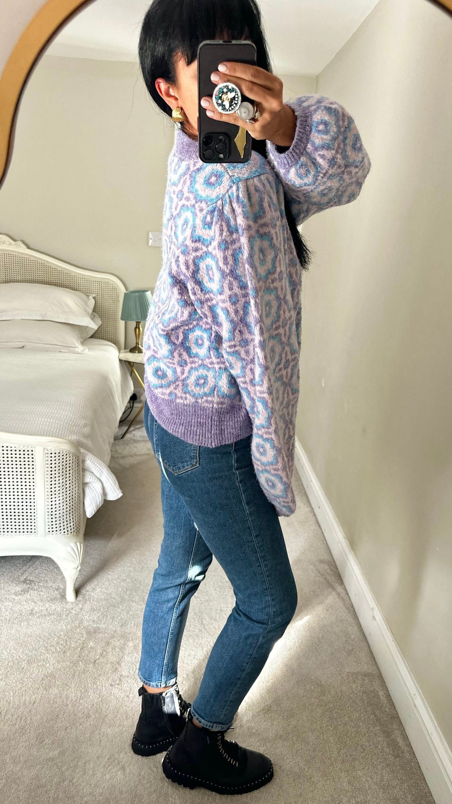 Oliver bonas lilac blue abstract floral printed knitted jumper extra large XL UK 14