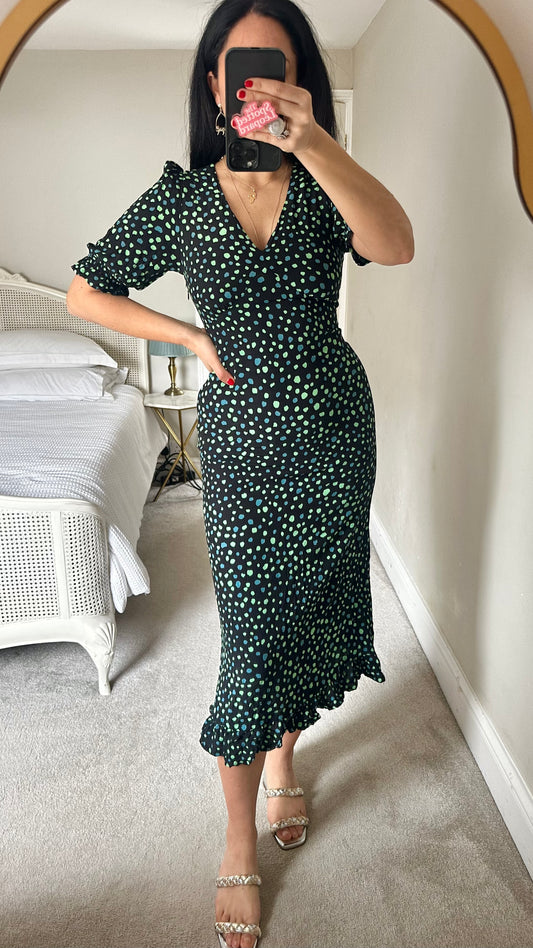 Nobody’s Child black green blue polka dot midi dress extra small UK 6 vgc