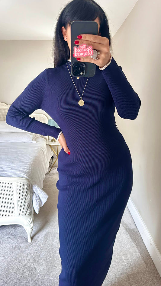 Forever New navy blue knitted jumper dress long midi large UK 12 vgc
