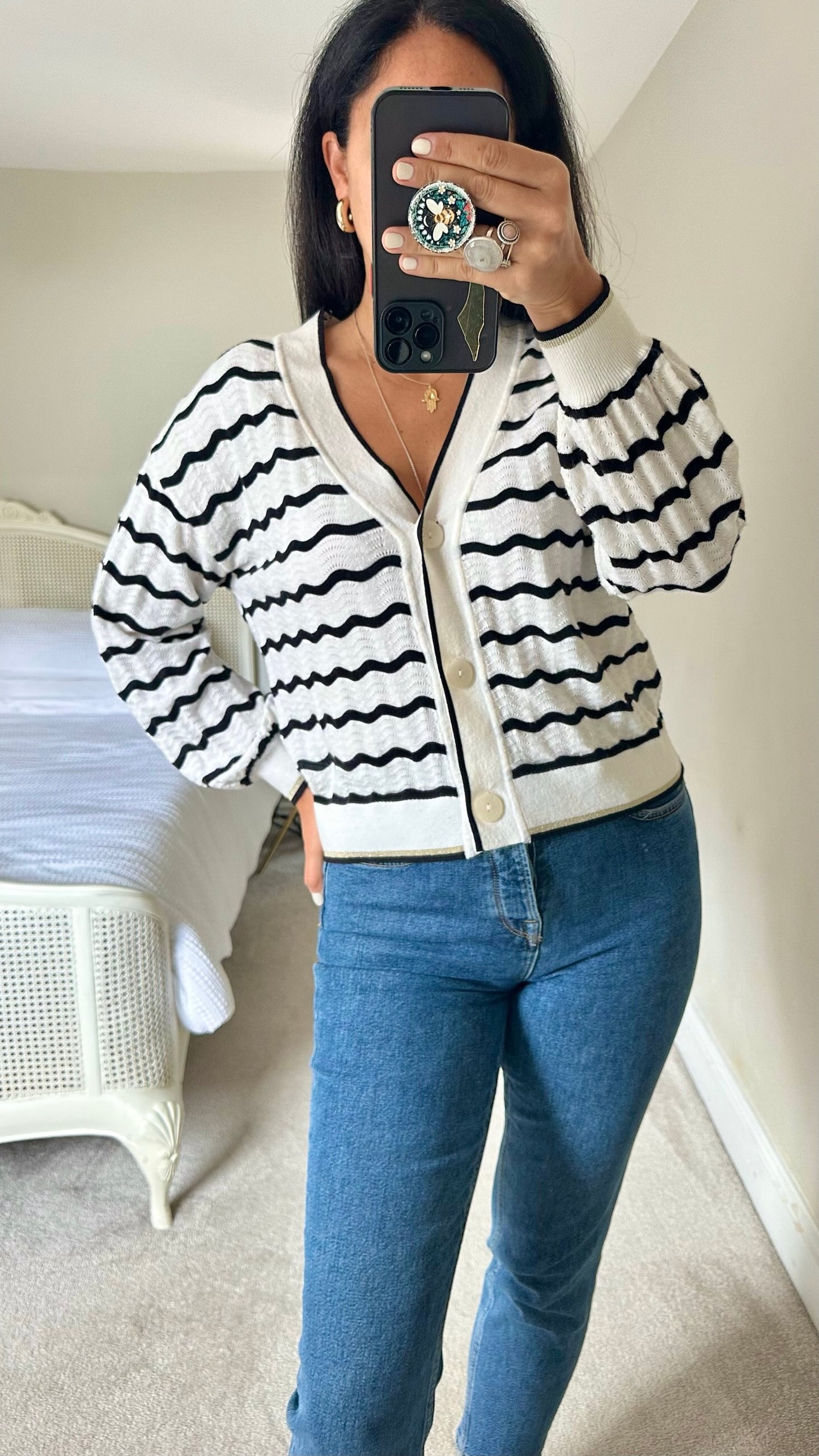Oliver Bonas white black wave stripe cardigan small UK 8 vgc