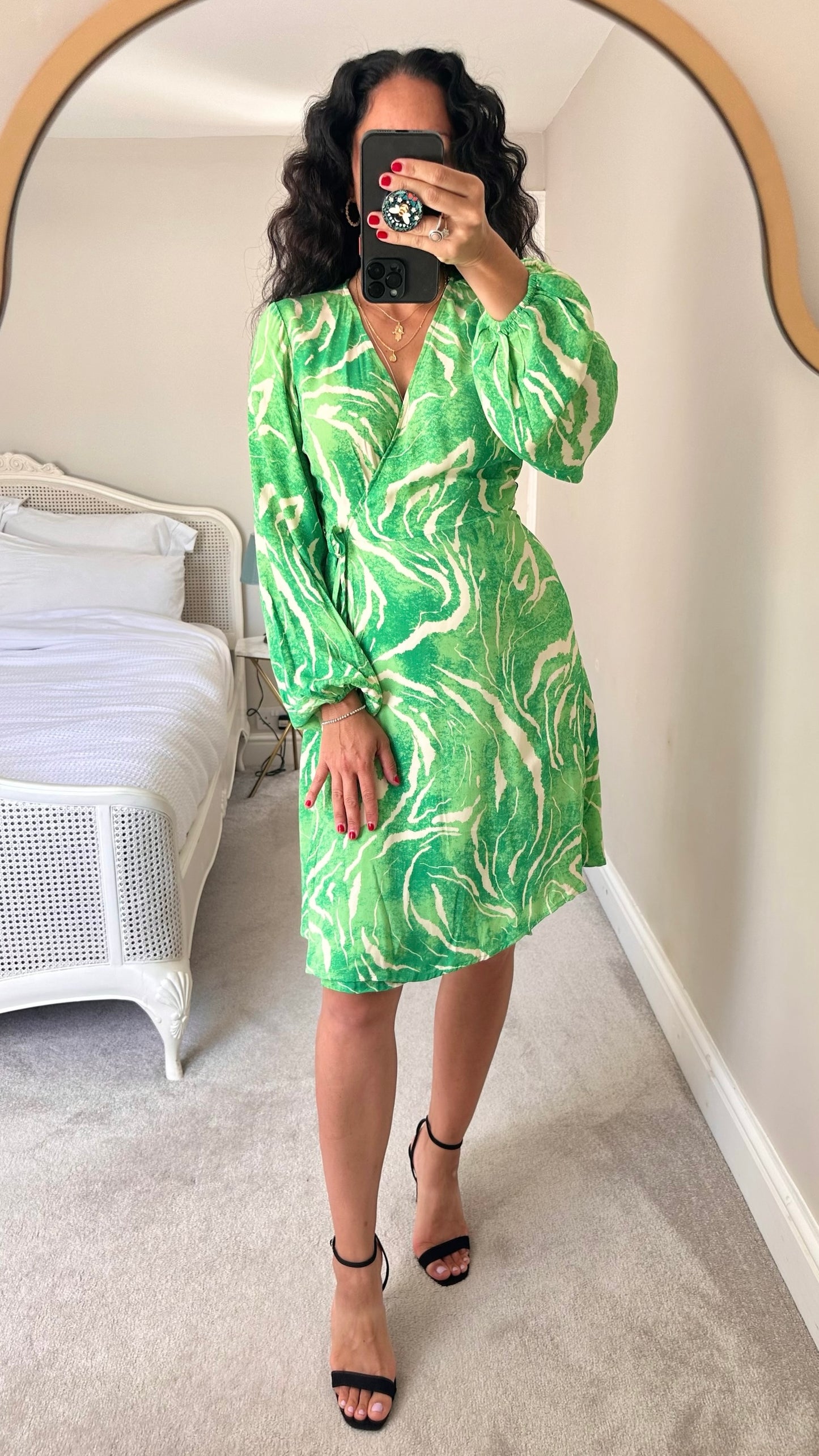 Selected femme @Anthropologie green white ripple print wrap long sleeve mini midi dress extra small XS UK 6 8 vgc