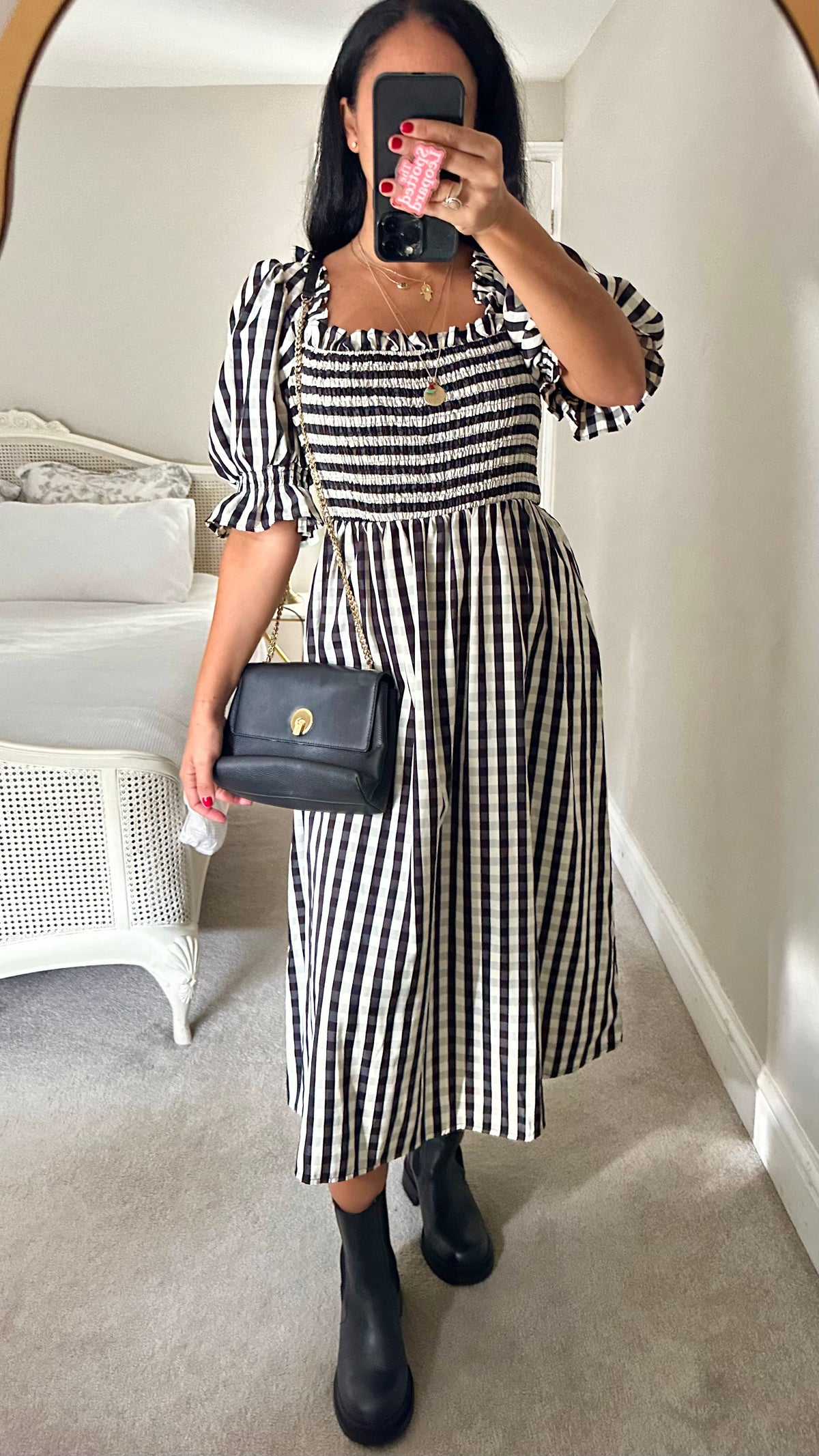 Warehouse black white gingham check midi shirred long dress medium UK 14 vgc