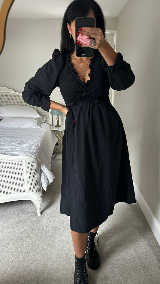 & other stories black ruched bust wrap midi dress small UK 8 vgc